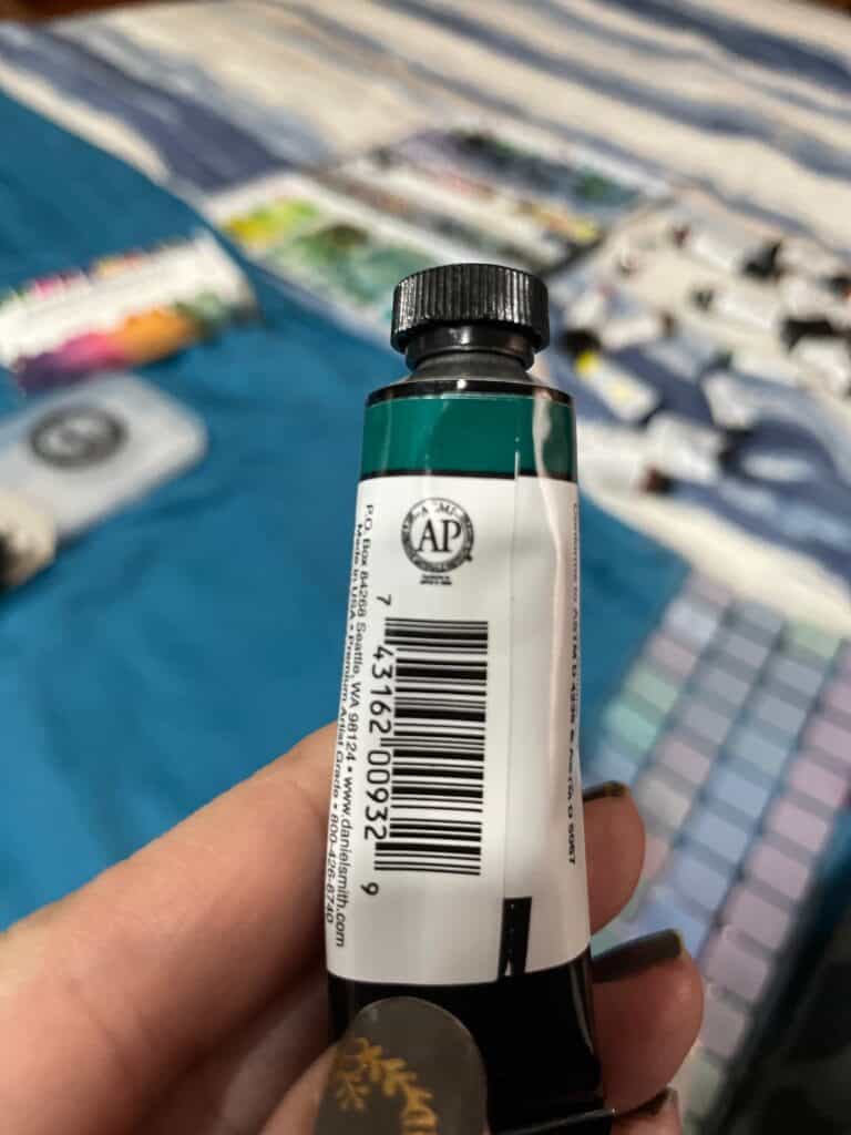 Approved Product label on a tube of watercolor from Daniel Smith.