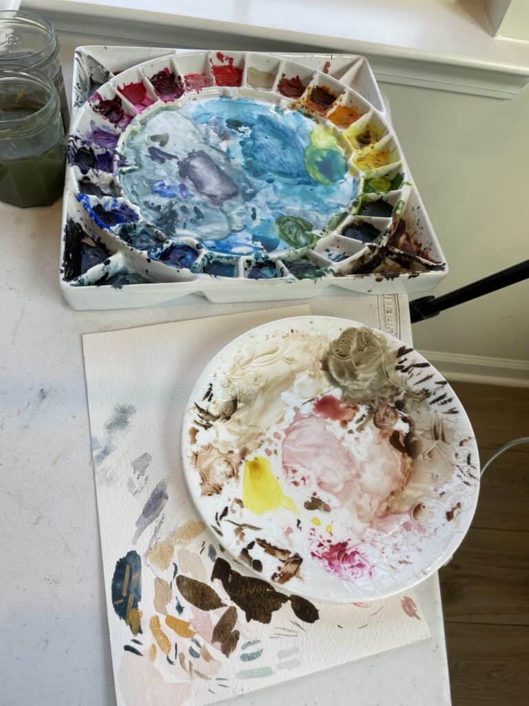 Watercolor palette, color mixing, for homeless to artist painting by Raeanna Tilly Fine Art Watercolor Artist