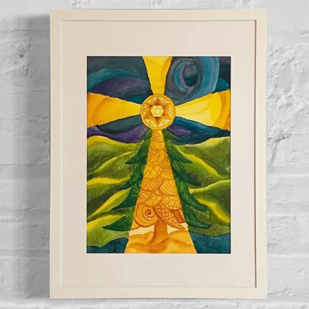 Christmas tree original watercolor painting in a classic white 12x16 frame