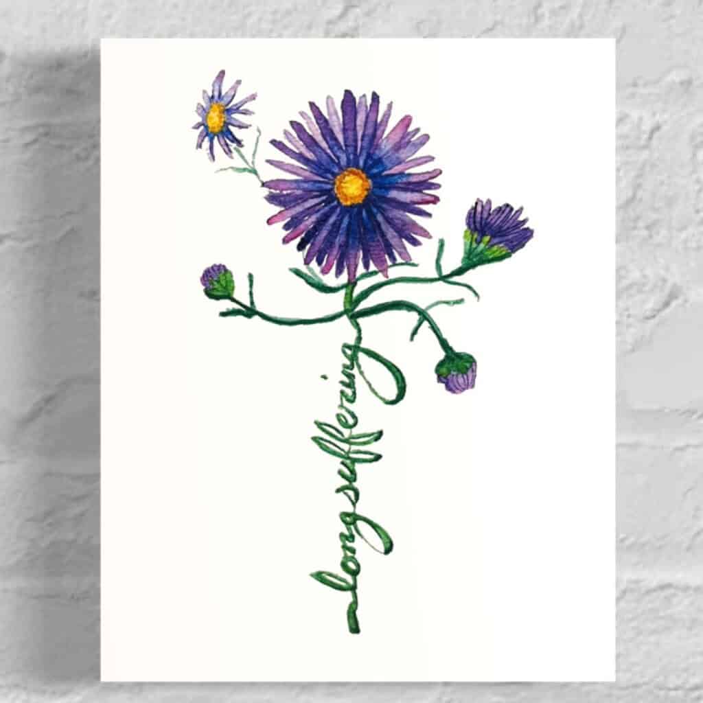 longsuffering aster Flowers of the Spirit Collection by Raeanna Tilly the Artist of Hope, watercolor art, floral art, scripture art