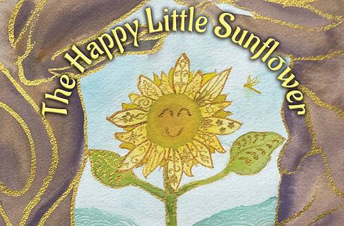 the happy little sunflower finding hope in the valley by Raeanna Tilly. Watercolor sunflower standing in a valley looking through the trees with a dragonfly flying above her head