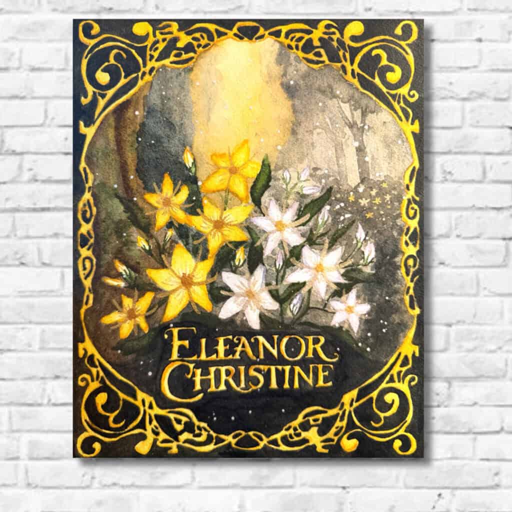 Elanor Flowers, Inspired by JRR Tolkien, For Eleanor Christine by Raeanna Tilly, Watercolor on cotton, art nouveau forest scene. Golds and greens.