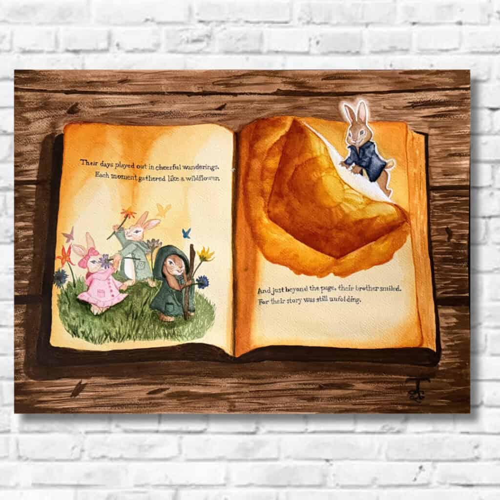 Wildflower moments, watercolor on cotton by Raeanna Tilly Artist of Hope, inspired by peter rabbit, beatrix potter