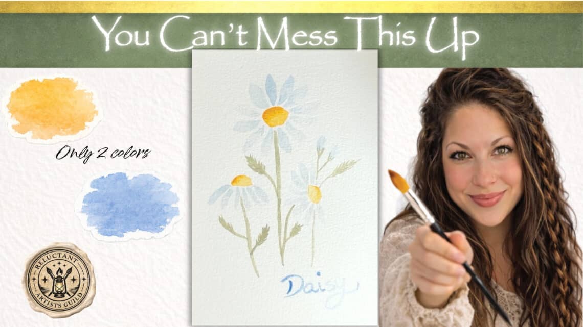 Daisy Watercolor tutorial for beginners, reluctant artist, anyone can do it two colors yellow and blue, holding a paintbrush with daisys in the middle
