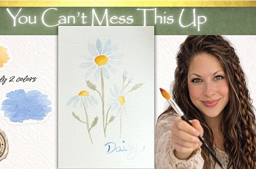 Daisy Watercolor tutorial for beginners, reluctant artist, anyone can do it two colors yellow and blue, holding a paintbrush with daisys in the middle