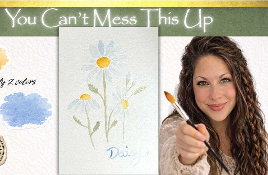 Daisy Watercolor tutorial for beginners, reluctant artist, anyone can do it two colors yellow and blue, holding a paintbrush with daisys in the middle