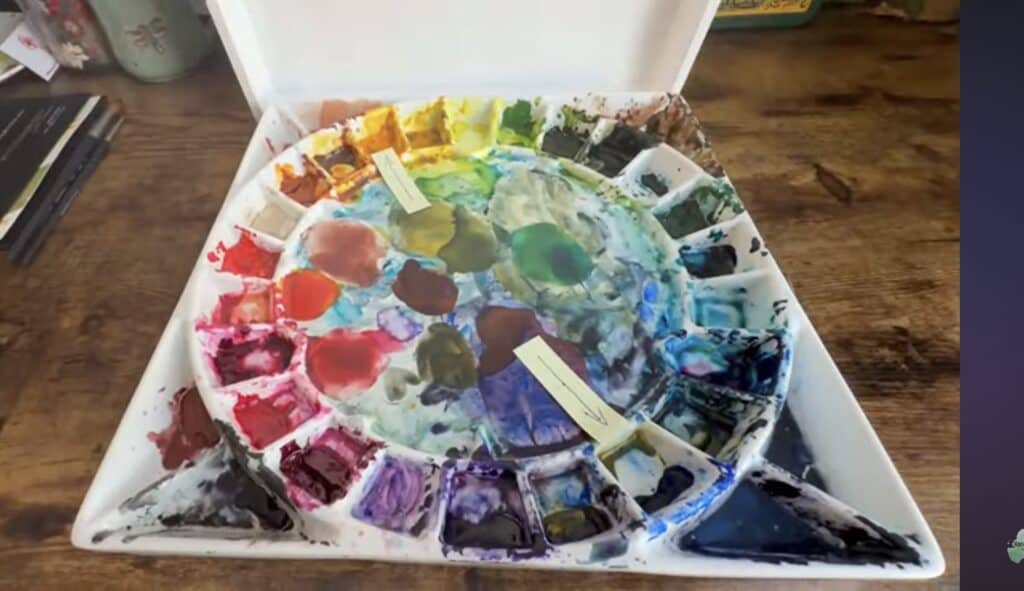 Raeanna Tilly's Studio Palette showing the new gamboge and french ultramarine for the easy watercolor tutorial