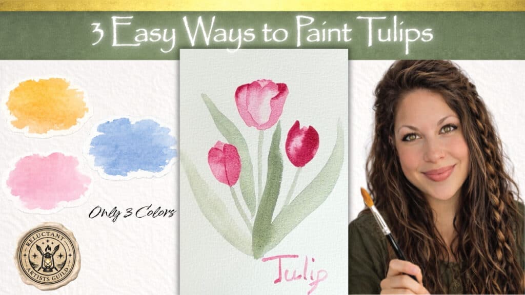 easy watercolor tulip painting tutorial for reluctant artists only using 3 colors, loose and easy, 3 different techniques