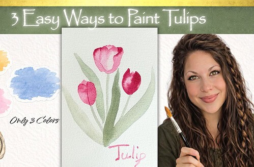 easy watercolor tulip painting tutorial for reluctant artists only using 3 colors, loose and easy, 3 different techniques