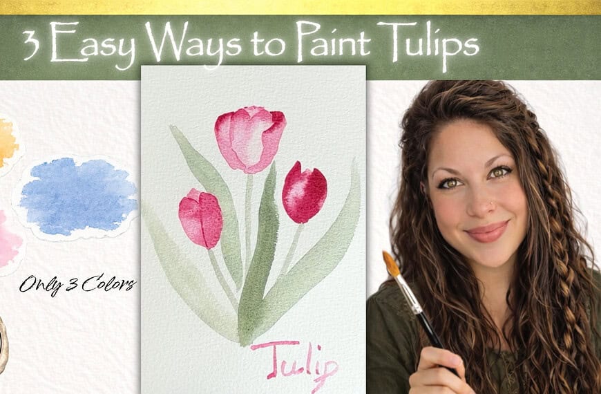 easy watercolor tulip painting tutorial for reluctant artists only using 3 colors, loose and easy, 3 different techniques