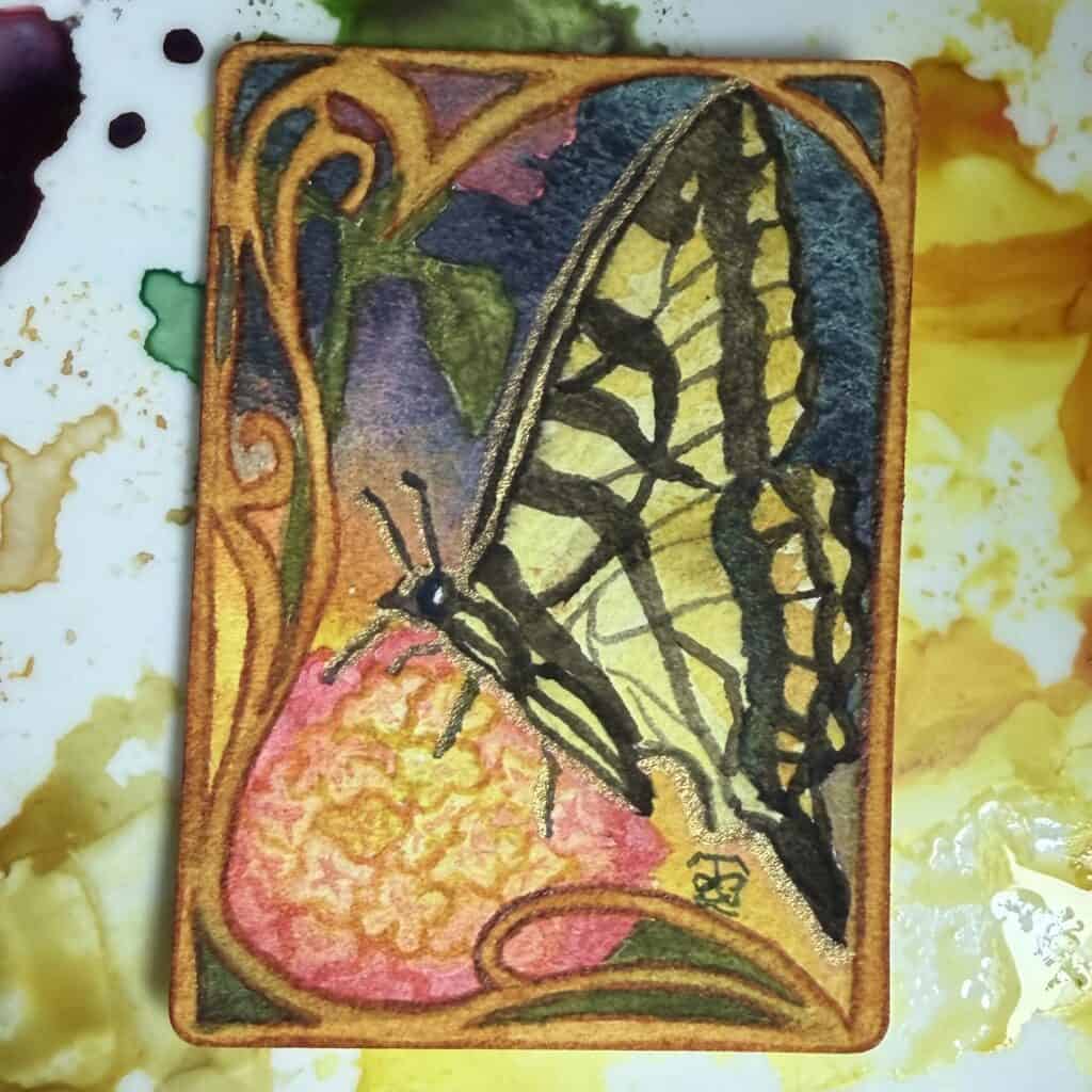Butterfly & Lantana ACEO Watercolor Miniatures Raeanna Tilly Art Nouveau
