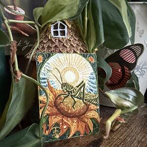 grasshopper & sunflower gilded in sunight Art Nouveau Watercolor ACEO Raeanna Tilly