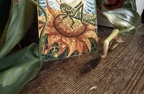 grasshopper & sunflower gilded in sunight Art Nouveau Watercolor ACEO Raeanna Tilly