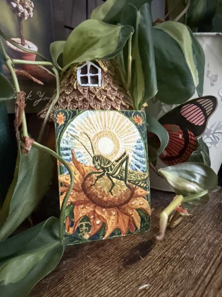 grasshopper & sunflower gilded in sunight Art Nouveau  Watercolor ACEO Raeanna Tilly