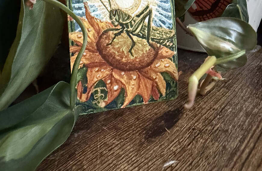 grasshopper & sunflower gilded in sunight Art Nouveau Watercolor ACEO Raeanna Tilly