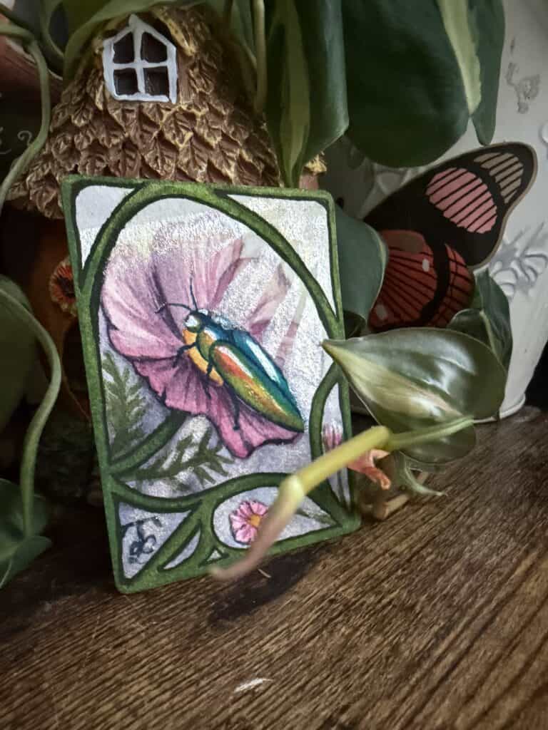 Beetle & Cosmos in the misty purple haze and light sparkling sunshine Art Nouveau  Watercolor ACEO Raeanna Tilly