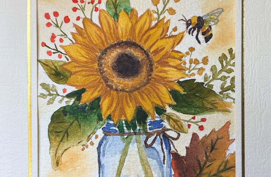 Sunflower in a mason jar bumble bee fall painting