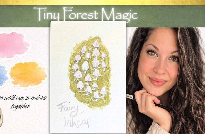 fairy inkcap watercolor mushroom tutorial for beginners, easy 3 colors