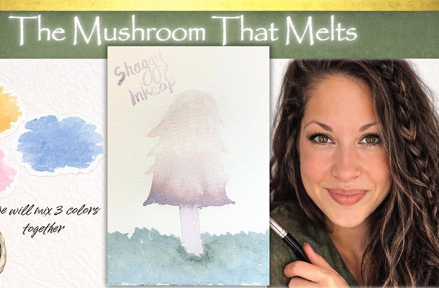 shaggy inkcap mushroom watercolor tutorial for beginners, easy 3 color